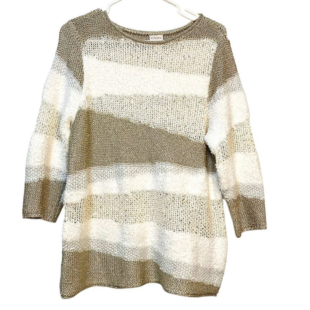Chicos 2 Metallic Gold Stripe Knit Sweater Sequins 3/4 Sleeve Pullover Top